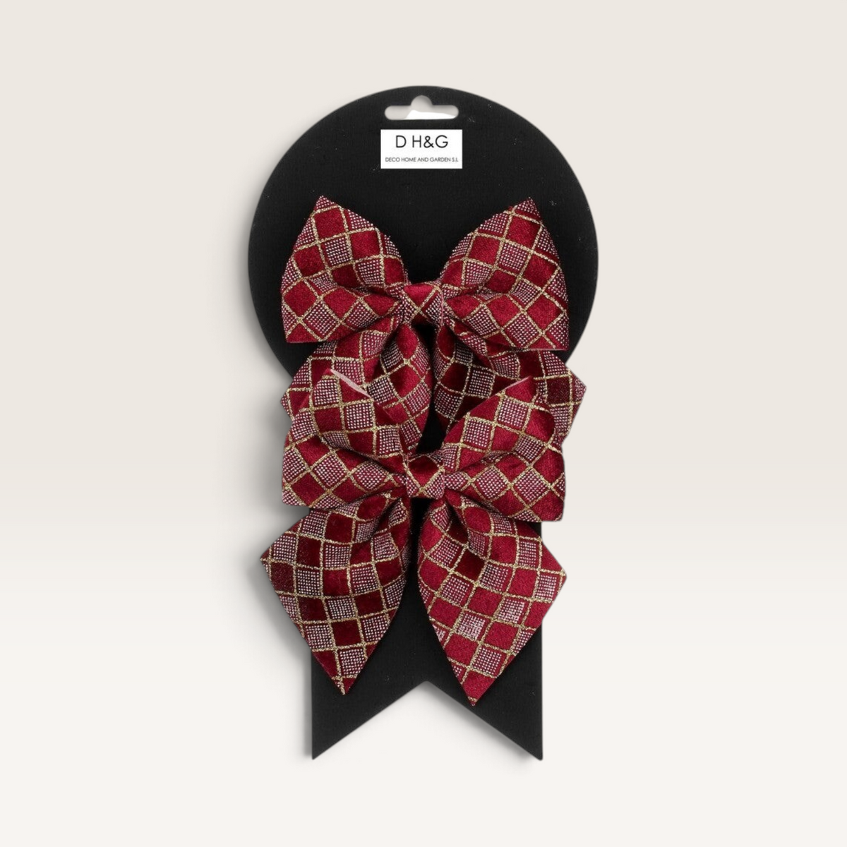 Vintage Industrial set of two decorative burgundy bows with a gold diamond grid pattern for festive home decor.