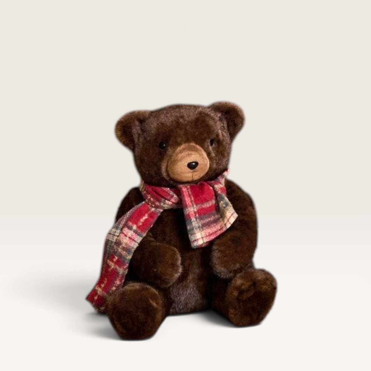 Vintage Industrial brown teddy bear figurine wearing a festive red and green plaid scarf for Christmas decor