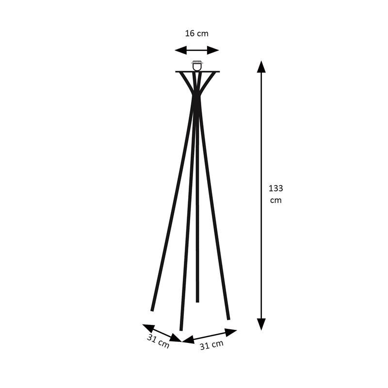 Vintage Industrial Diane floor lamp with a slim black metal tripod structure and technical dimension measurements.