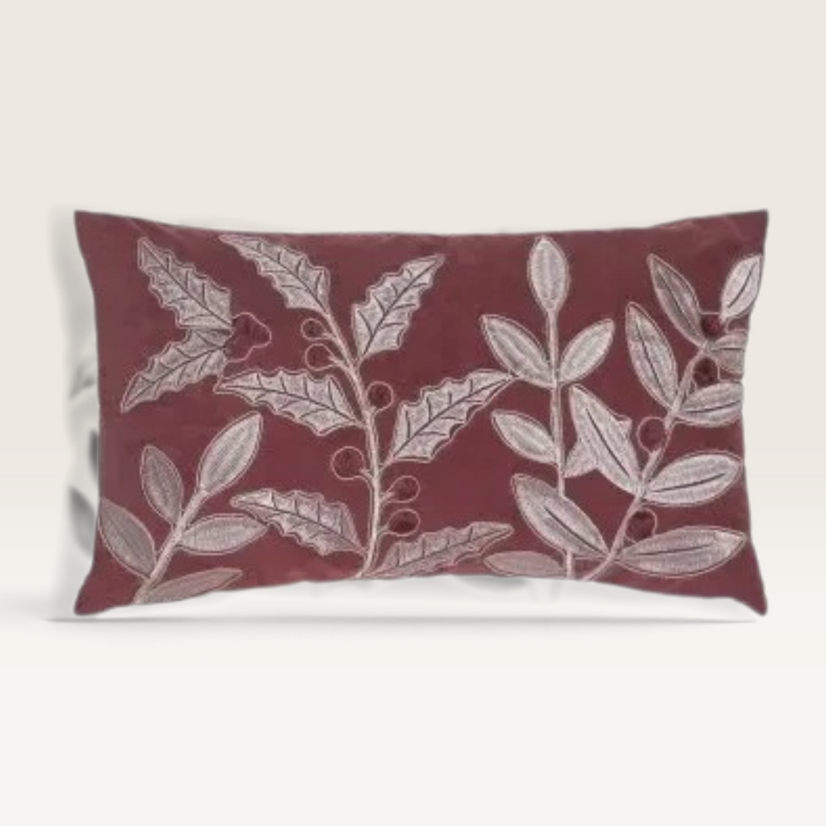 Vintage Industrial Ambon polyester cushion covers in burgundy and white with embroidered leaf and berry patterns