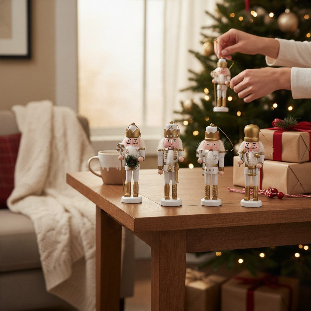 Vintage Industrial hanging nutcracker figures in white and gold MDF, displayed on a wooden table near a Christmas tree.