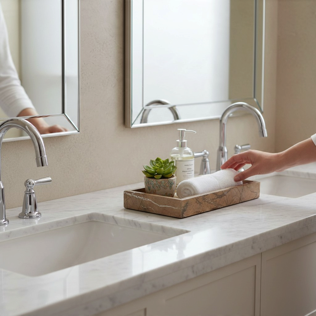 Vintage Industrial Naki natural brown marble rectangular tray styled on a white marble bathroom vanity countertop