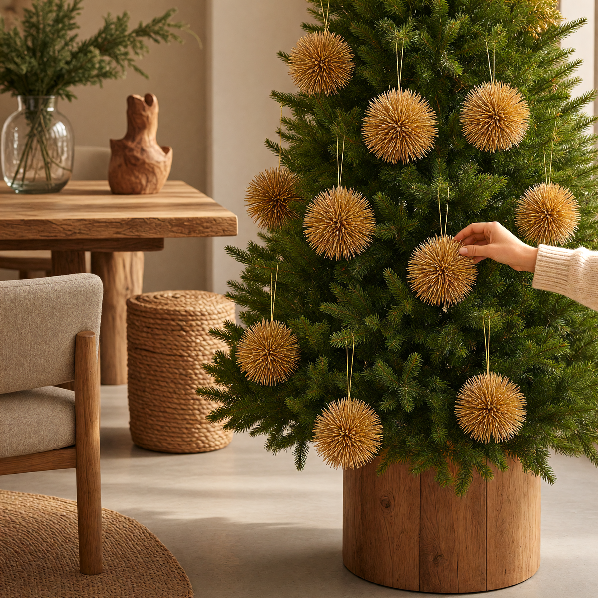 Vintage Industrial Colgante Pino gold textured spherical ornaments hanging on a Christmas tree in a rustic room