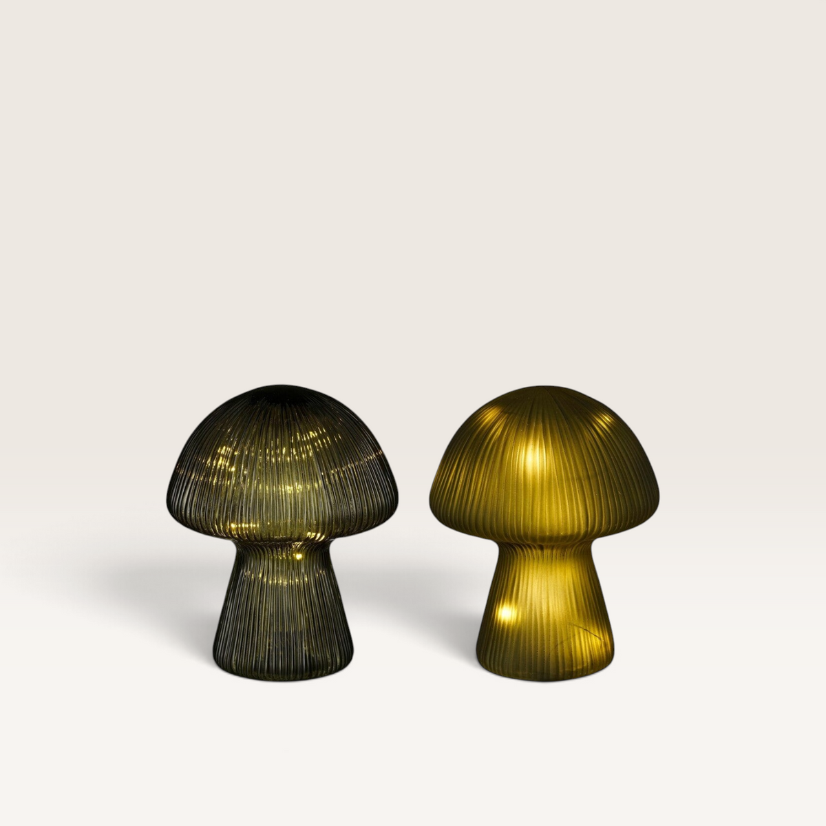 Vintage Industrial mushroom-shaped glass lamps with LED lights in green and amber finishes for cozy home decor.
