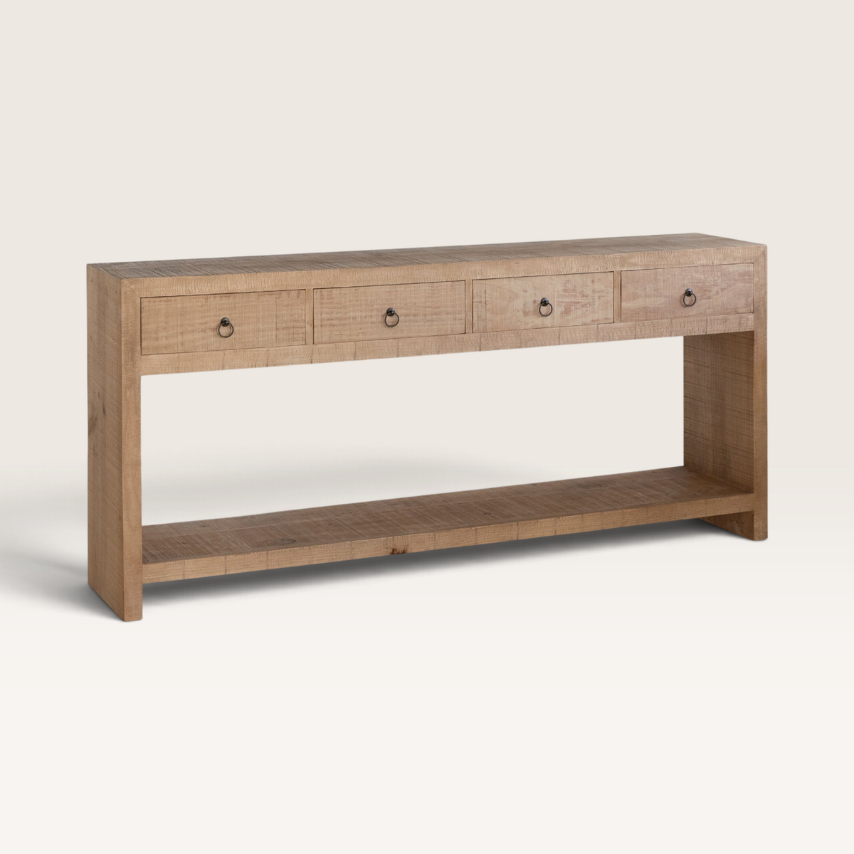 Vintage Industrial Tebus entryway console table in sand-finished solid pine wood with four drawers and bottom shelf.