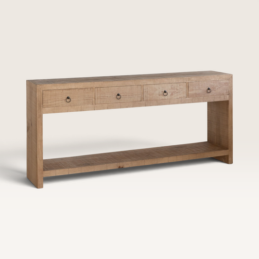 Vintage Industrial Tebus entryway console table in sand-finished solid pine wood with four drawers and bottom shelf.