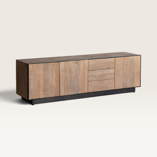 Vintage Industrial Andir TV stand in solid mango wood with black metal frame, featuring doors and central drawers.
