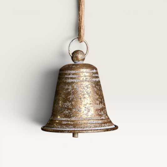Vintage Industrial hanging bell ornament in aged gold finish with rustic texture and jute rope hanger.