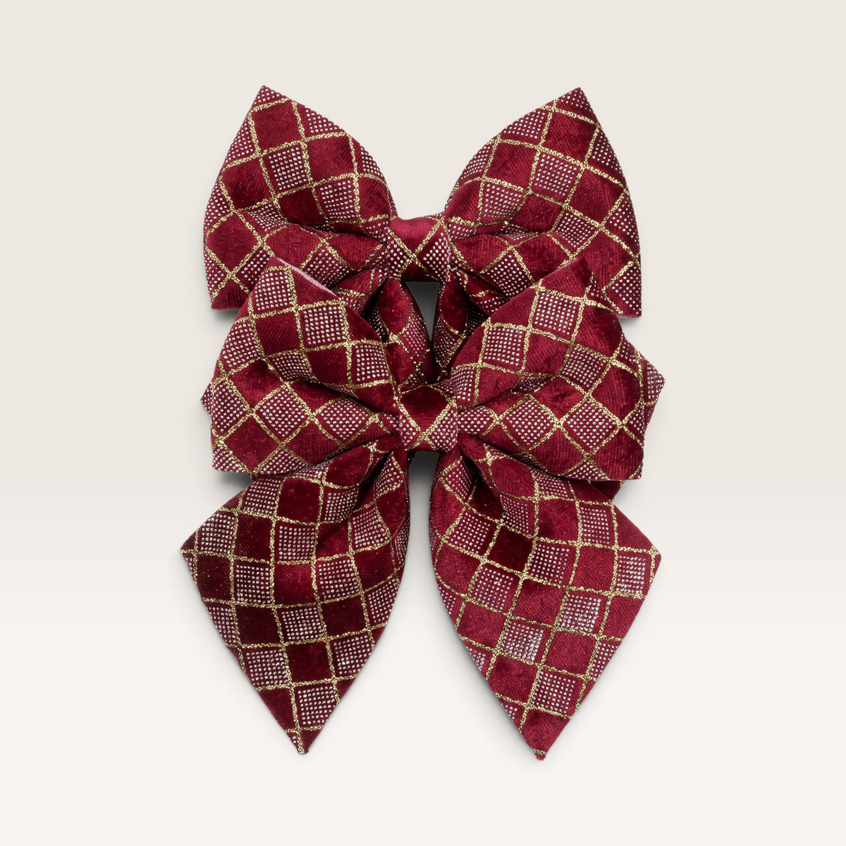 Vintage Industrial set of two burgundy decorative bows with a gold diamond grid pattern for festive home decor.
