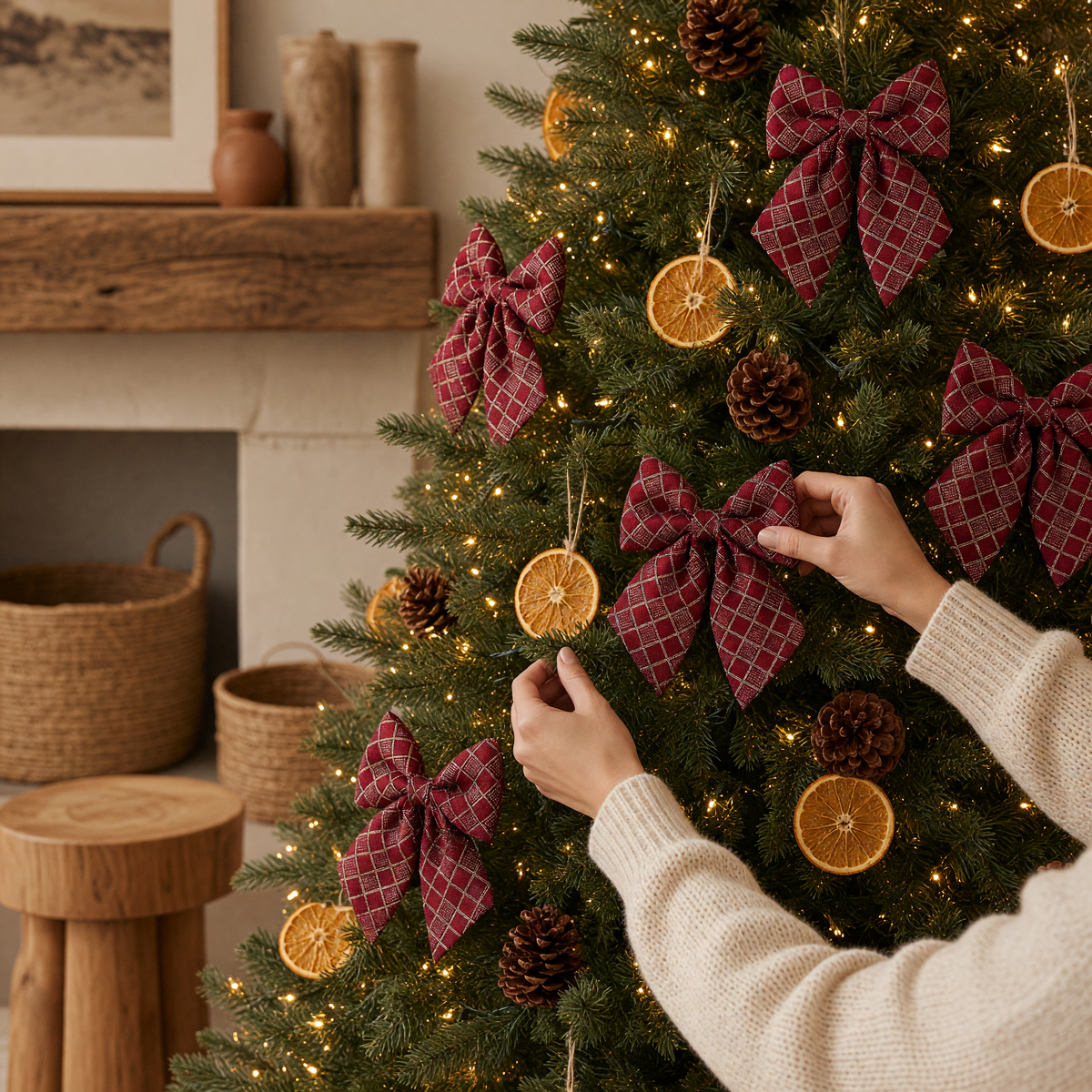 Vintage Industrial burgundy plaid decorative bows hanging on a Christmas tree with dried orange slices and pinecones