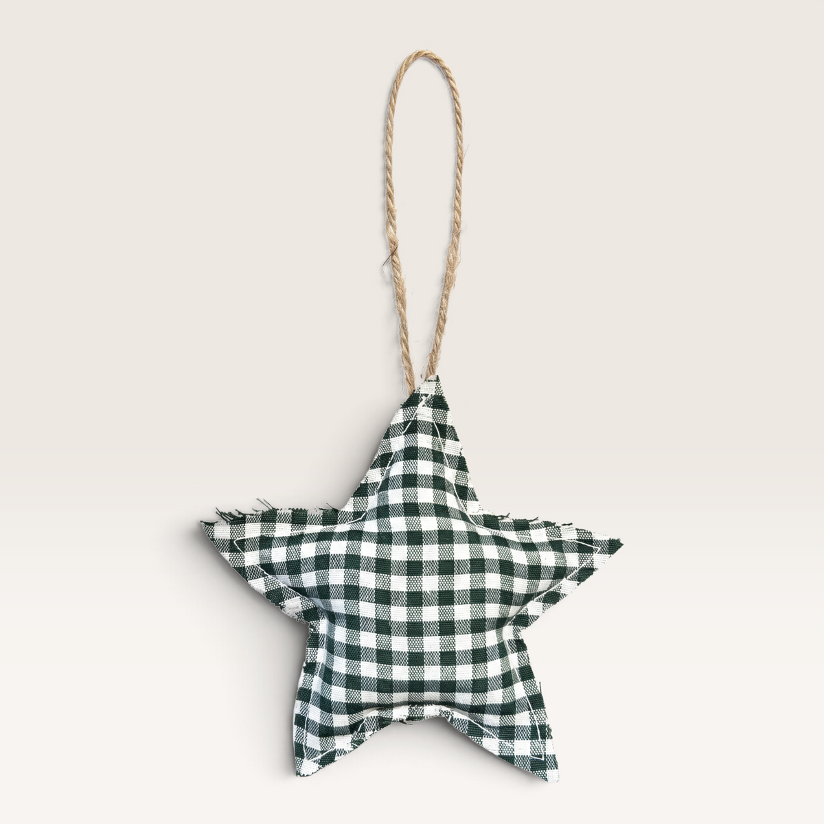 Vintage Industrial star-shaped hanging ornament in green and white gingham fabric with a rustic jute string loop.