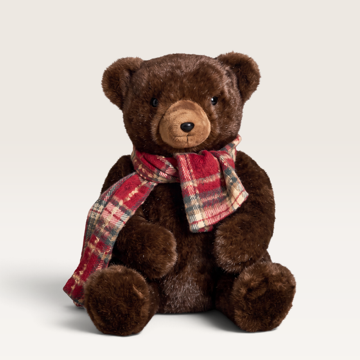 Vintage Industrial brown teddy bear figurine wearing a festive red plaid scarf for Christmas home decor