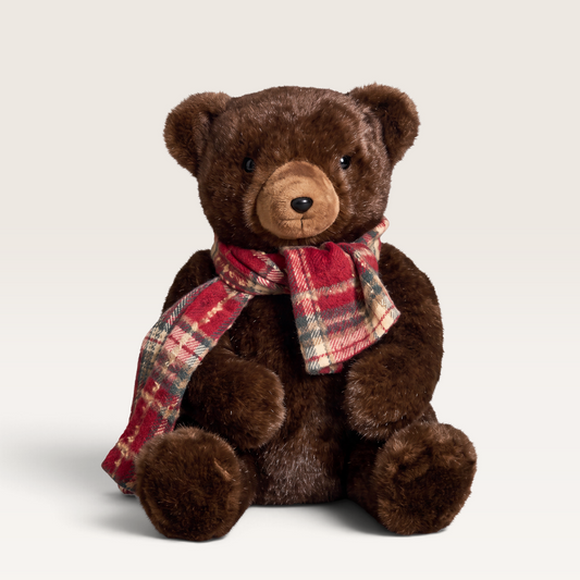 Vintage Industrial brown teddy bear figurine wearing a festive red plaid scarf for Christmas home decor