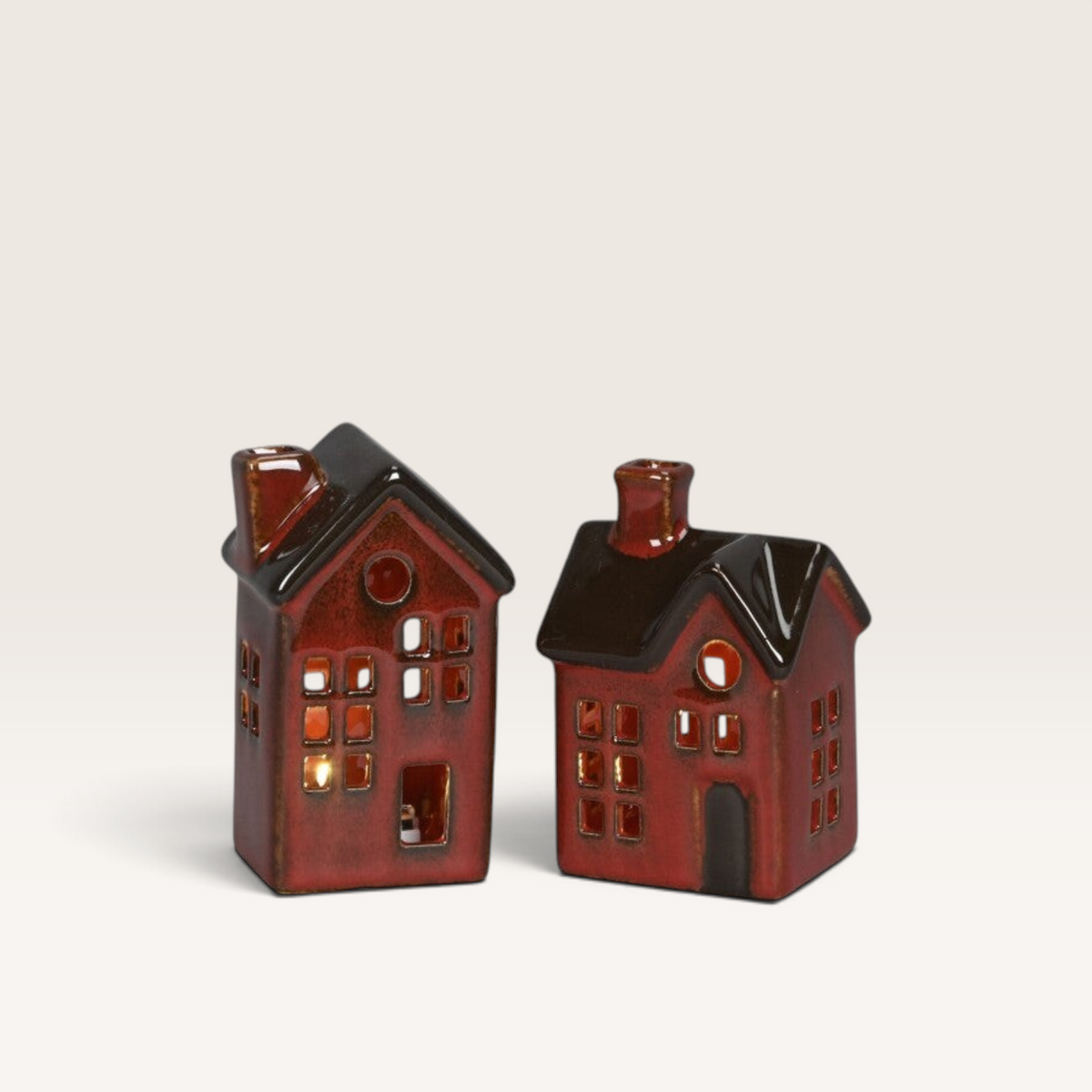 Vintage Industrial set of two red porcelain mini houses with integrated warm LED lighting for cozy home decor.