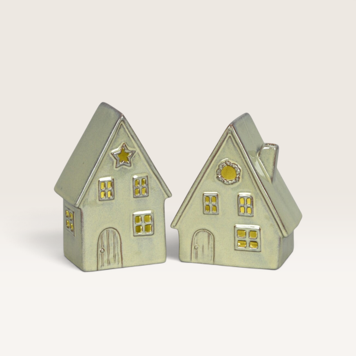 Vintage Industrial green porcelain house miniatures with warm LED lighting and star and wreath window details.