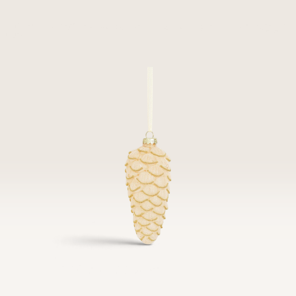 Vintage Industrial pearl and gold pinecone ornament with a ribbon hanger for elegant holiday or home decor.