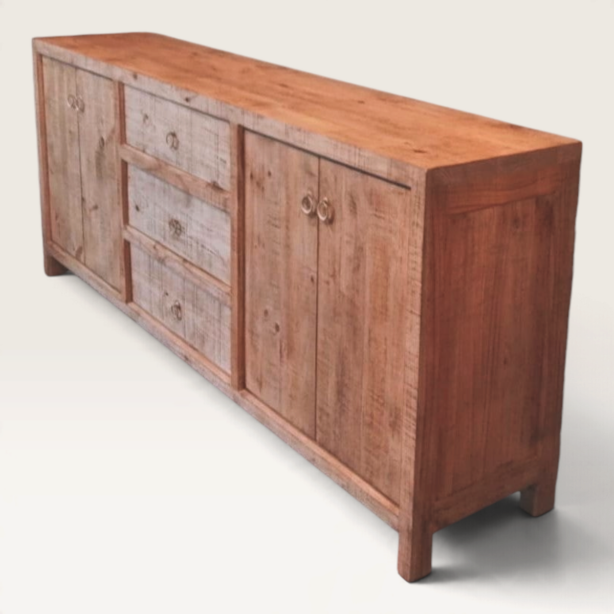 Vintage Industrial Kenemu sideboard in solid pine wood with a natural sand finish, featuring drawers and cabinets.