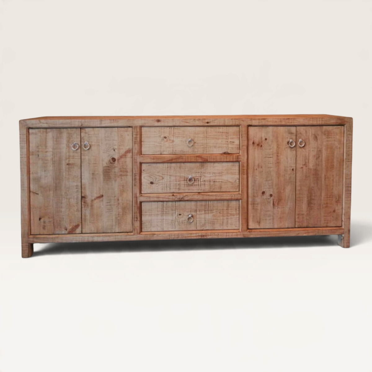 Vintage Industrial Kenemu sideboard in sand-finished solid pine wood with two double doors and three central drawers