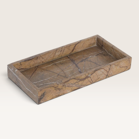 Vintage Industrial Naki rectangular brown natural marble tray with elegant veining for home decor and organization.