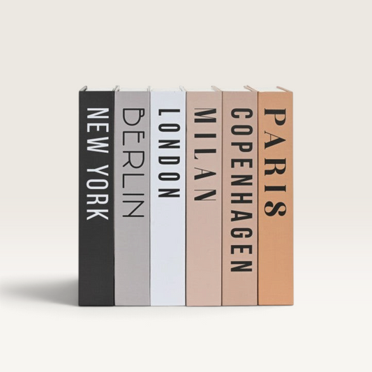 Caja Dobo de Vintage Industrial, set de 6 cajas de cartón tipo libro con nombres de ciudades y diseño decorativo.
