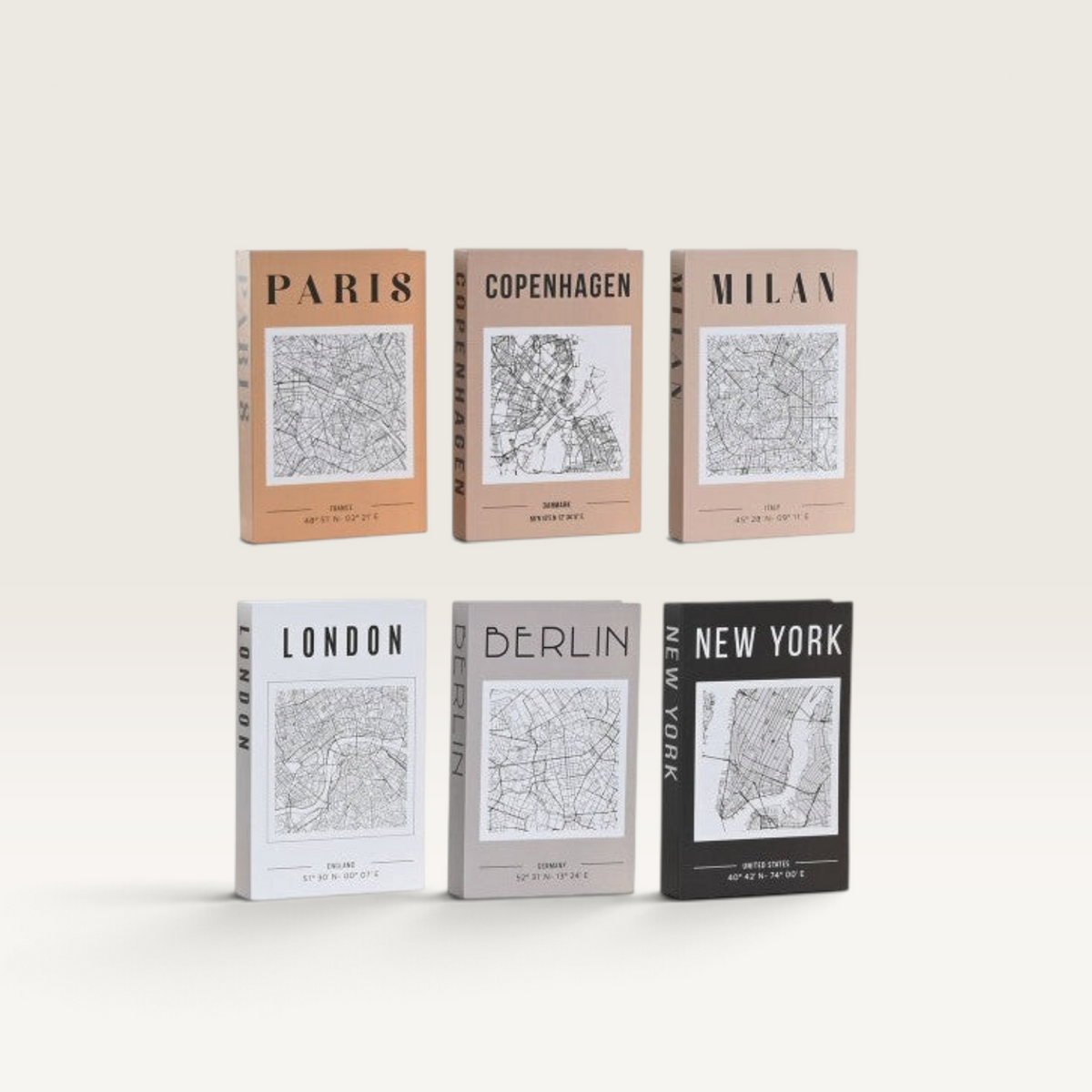 Cajas de cartón Vintage Industrial tipo libro con mapas de ciudades, ideales para organizar documentos con estilo.
