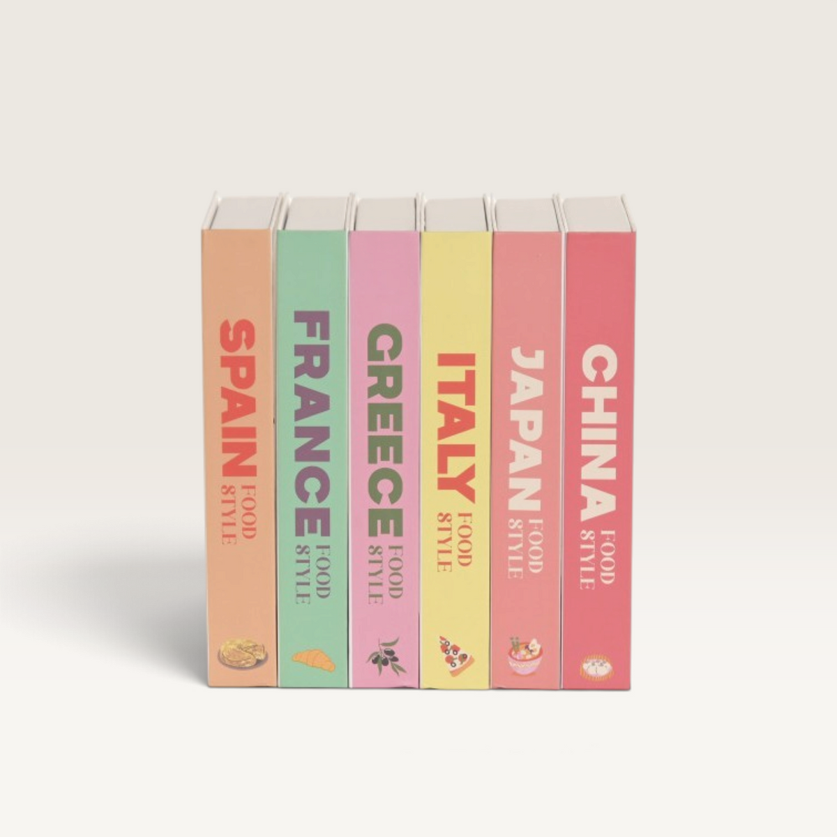 Cajas de cartón Vintage Industrial tipo libro con diseños coloridos de ciudades y gastronomía mundial