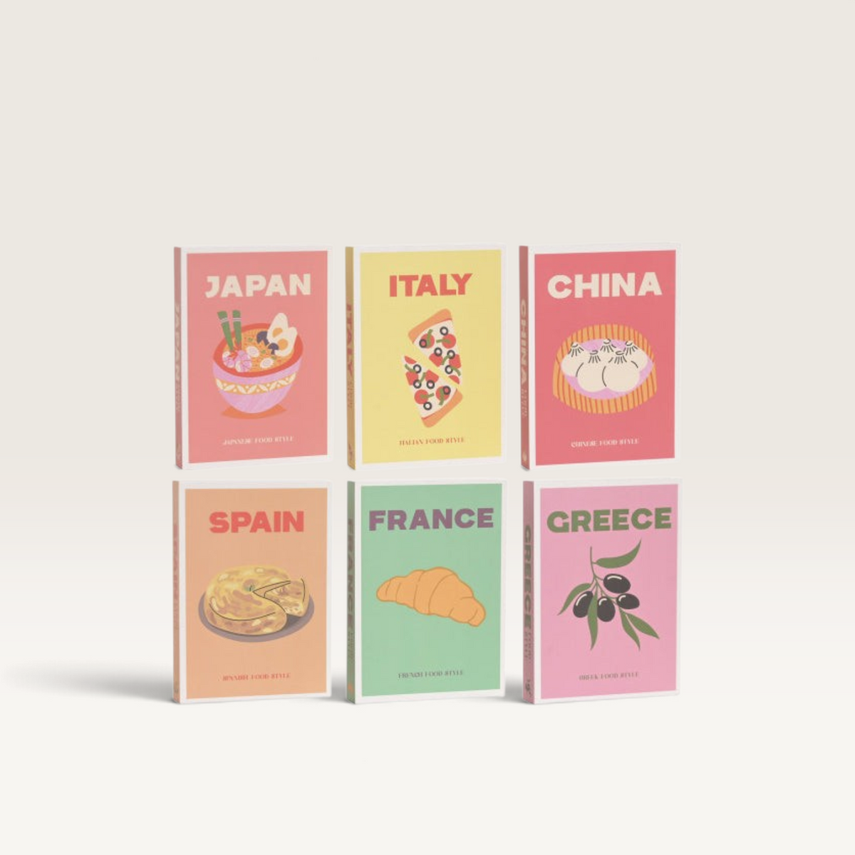 Cajas de cartón Vintage Industrial tipo libro con ilustraciones de comida típica de seis países diferentes