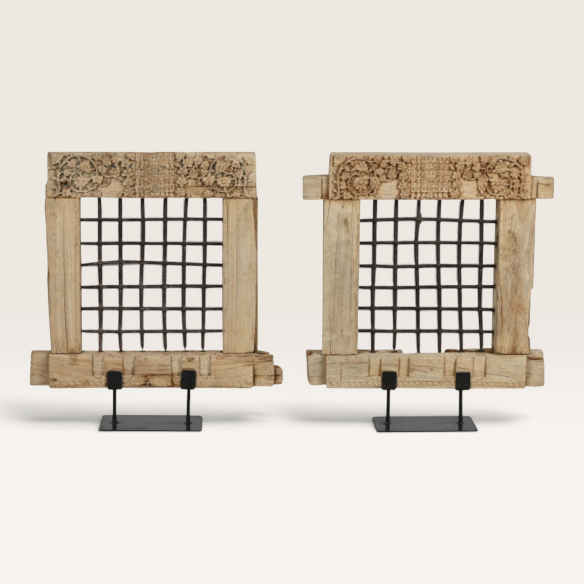 Vintage Industrial natural teak wood sculpture with intricate carvings and metal grid on black stands