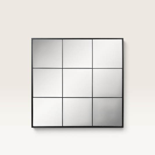 Vintage Industrial Petra square wall mirror with a black iron grid frame and nine glass panels.