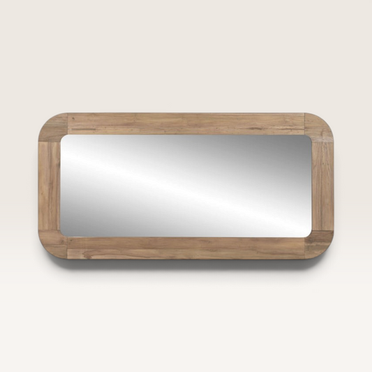 Vintage Industrial Doka mirror with a natural recycled teak wood frame and rounded corners in a rustic style.