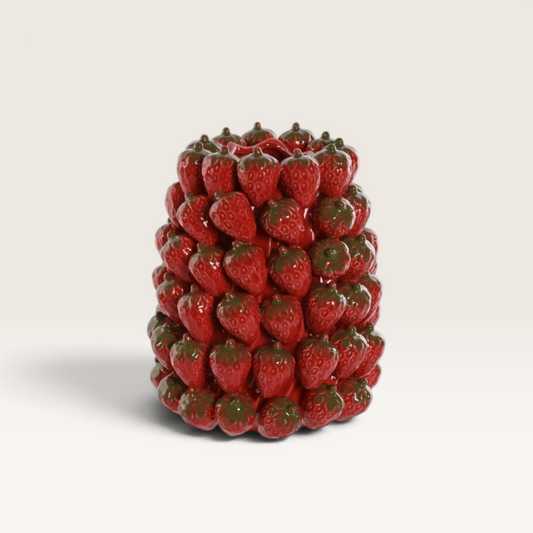 Vintage Industrial Jarrones Areu stoneware vase featuring a decorative red strawberry pattern for home decor.