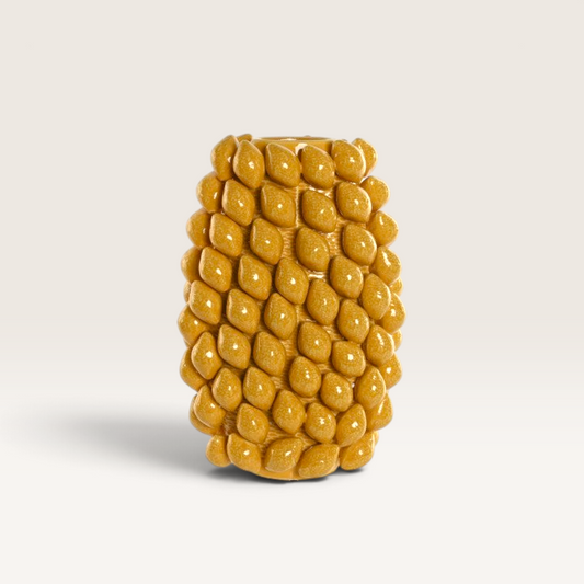 Vintage Industrial Isak stoneware vase in lemon yellow with a textured, leaf-like pattern for modern home decor.
