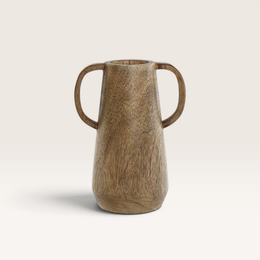 Vintage Industrial Cairo vase in mango wood with two handles and a natural rustic finish.