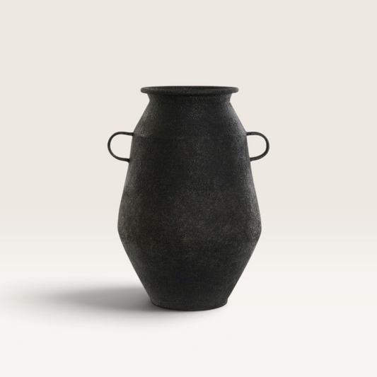 Vintage Industrial Ambon vase in matte black metal with a textured finish and two side handles.