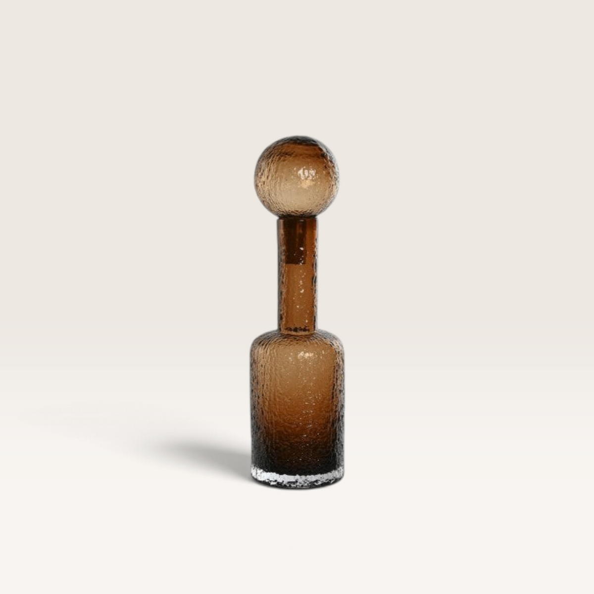 Vintage Industrial Agra brown textured glass vase with a tall cylindrical body and a spherical stopper top.