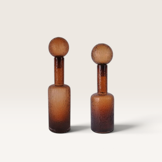 Vintage Industrial Agra amber glass vases with textured finish and spherical stoppers for elegant home decor