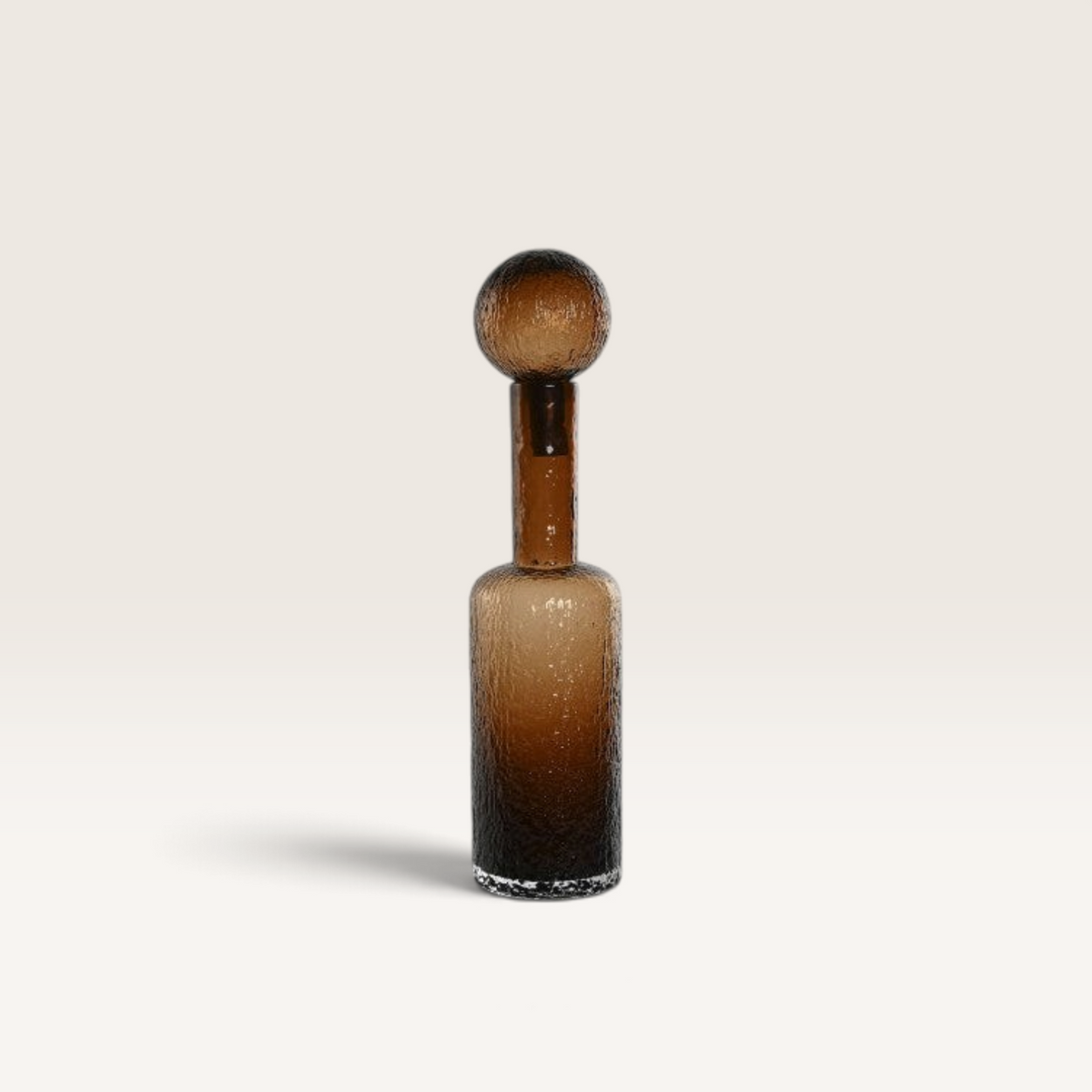Vintage Industrial Agra glass vase in brown with a textured finish and a spherical stopper for elegant home decor.