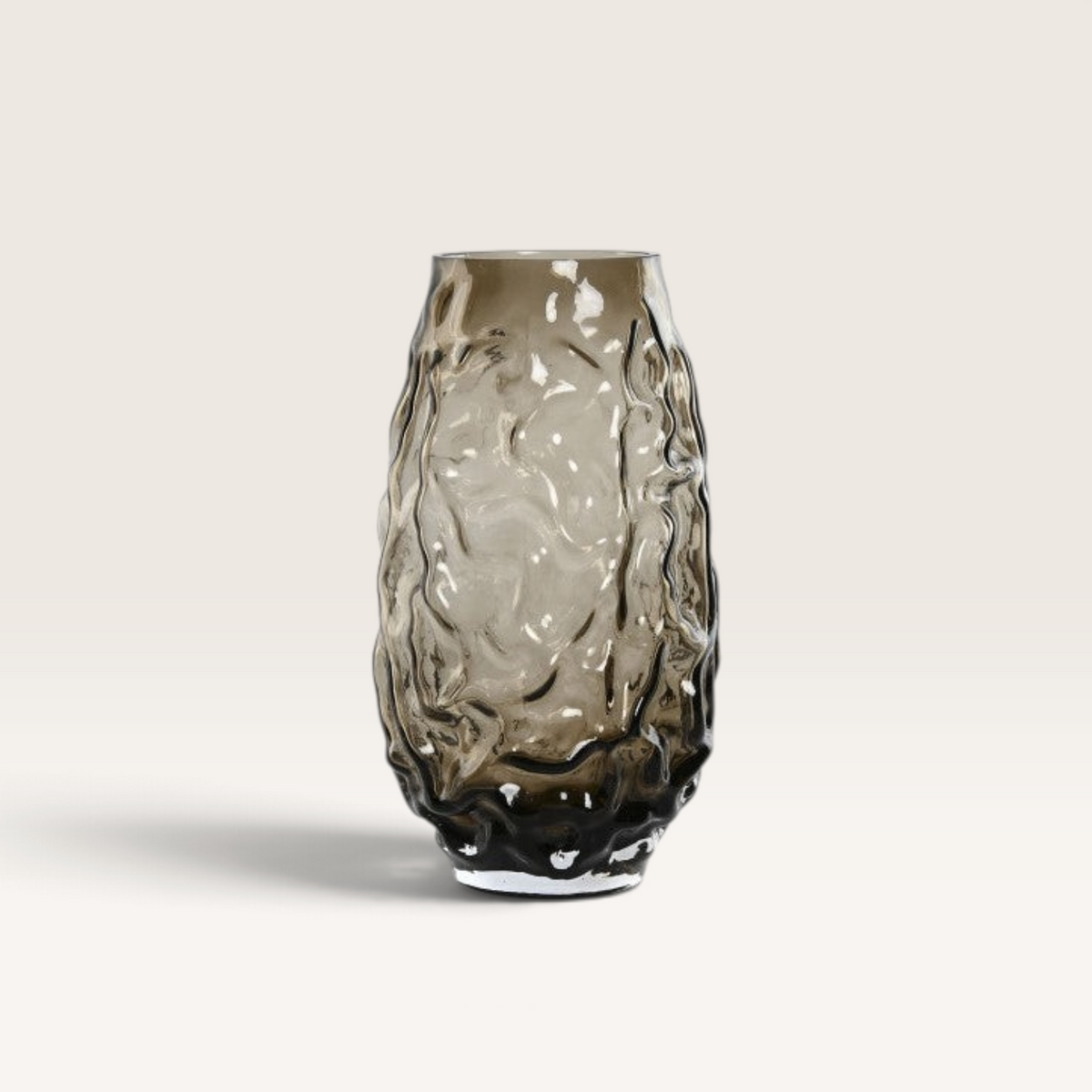 Vintage Industrial Kashi glass vase with a modern, elongated shape and textured, smoky grey finish.