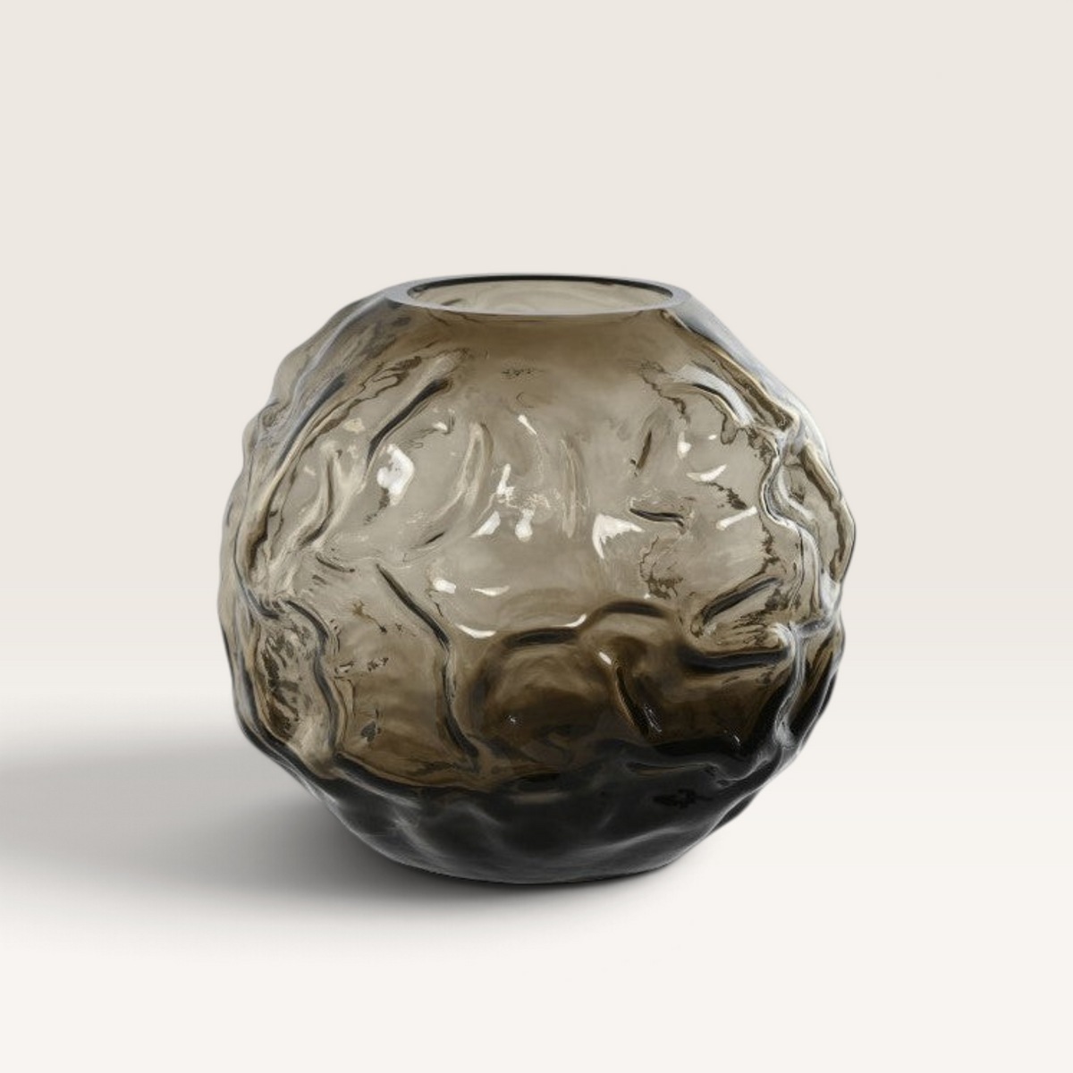 Vintage Industrial Kashi glass vase in a smoky grey hue with a textured, organic spherical design.
