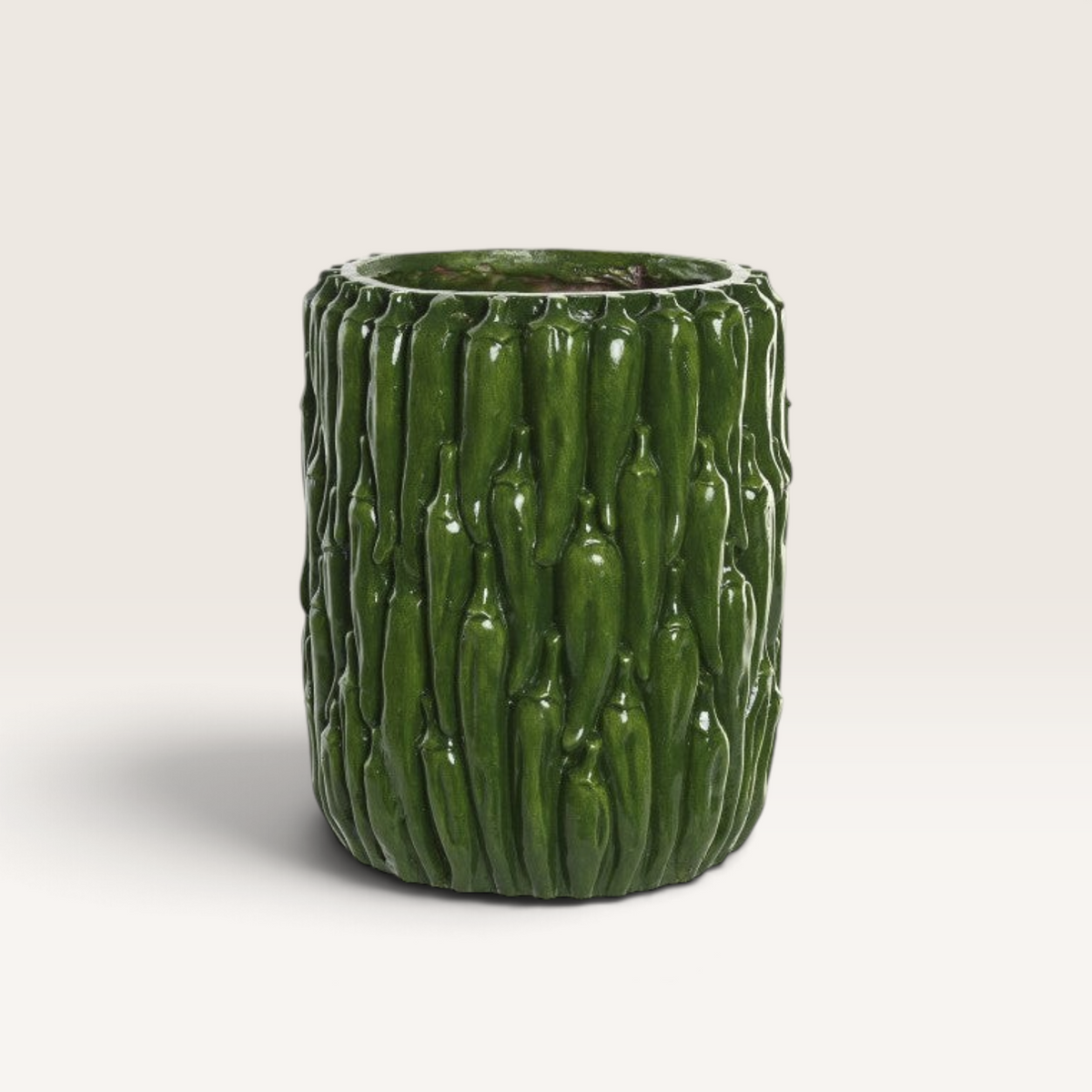 Vintage Industrial Kobi vase in green pepper-shaped magnesia, a durable decorative piece for indoor or outdoor use.