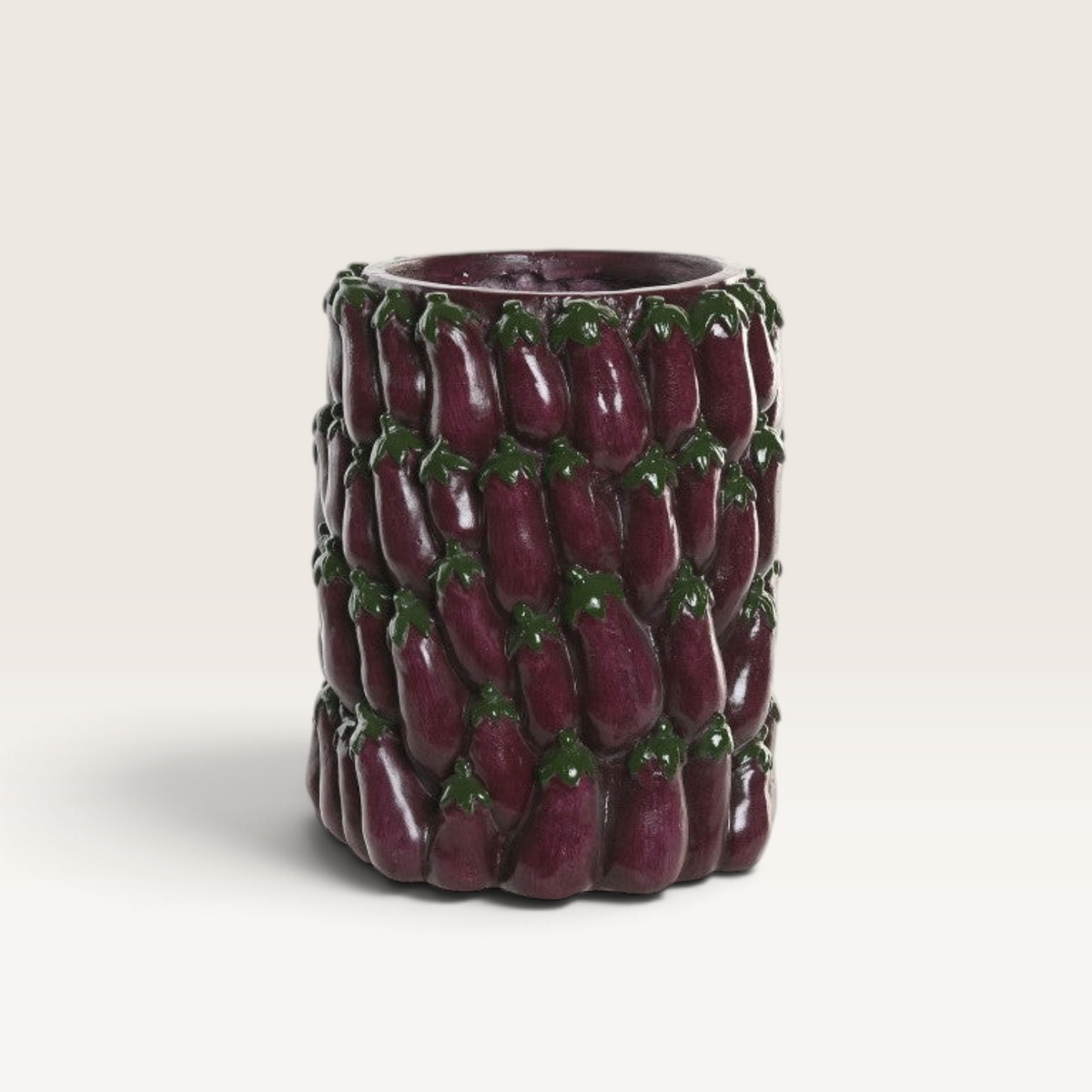 Vintage Industrial Tum vase in deep eggplant purple magnesia with a textured pattern of sculpted eggplants