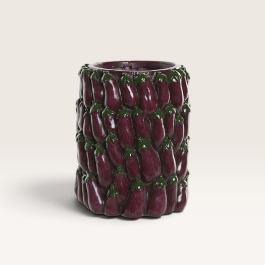 Vintage Industrial Tum vase in deep eggplant purple magnesia with a textured pattern of sculpted eggplants