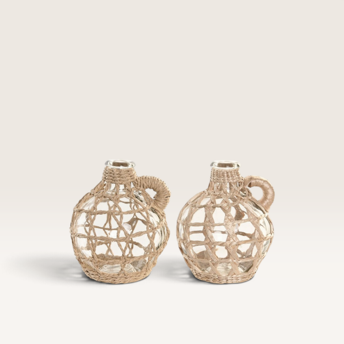Vintage Industrial Sakra glass and fiber vases with geometric woven design and bottle shape for home decor