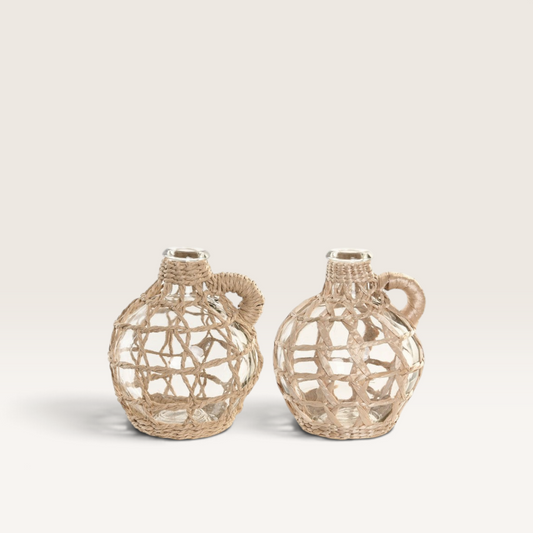 Vintage Industrial Sakra glass and fiber vases with geometric woven design and bottle shape for home decor