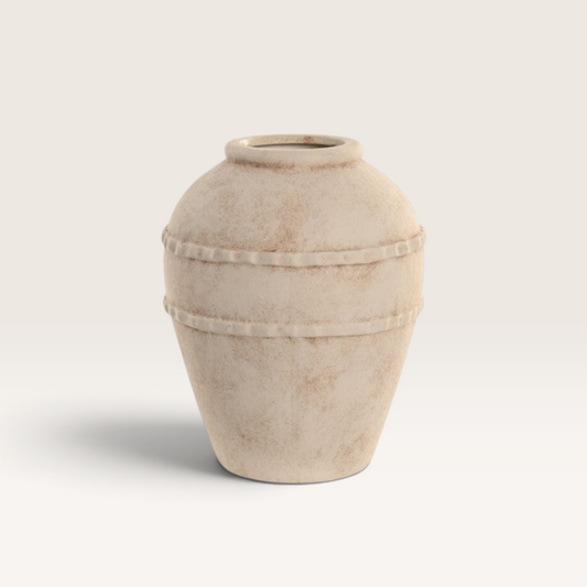 Vintage Industrial Tobo beige resin vase with a textured finish and decorative horizontal bands for home decor.