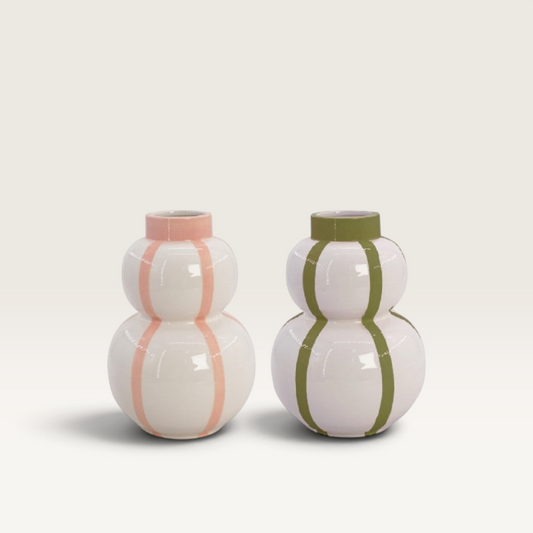 Jarrón Gasip de Vintage Industrial en cerámica blanca con rayas verticales en rosa y verde, diseño artesanal