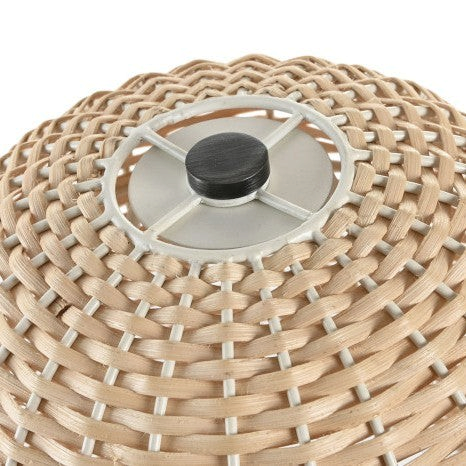 Vintage Industrial Kamar table lamp featuring a natural beige woven rattan dome shade with a white metal frame.
