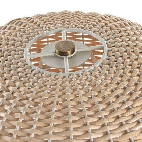 Top view of Vintage Industrial Kamar table lamp featuring a natural beige woven rattan shade with metal hardware.