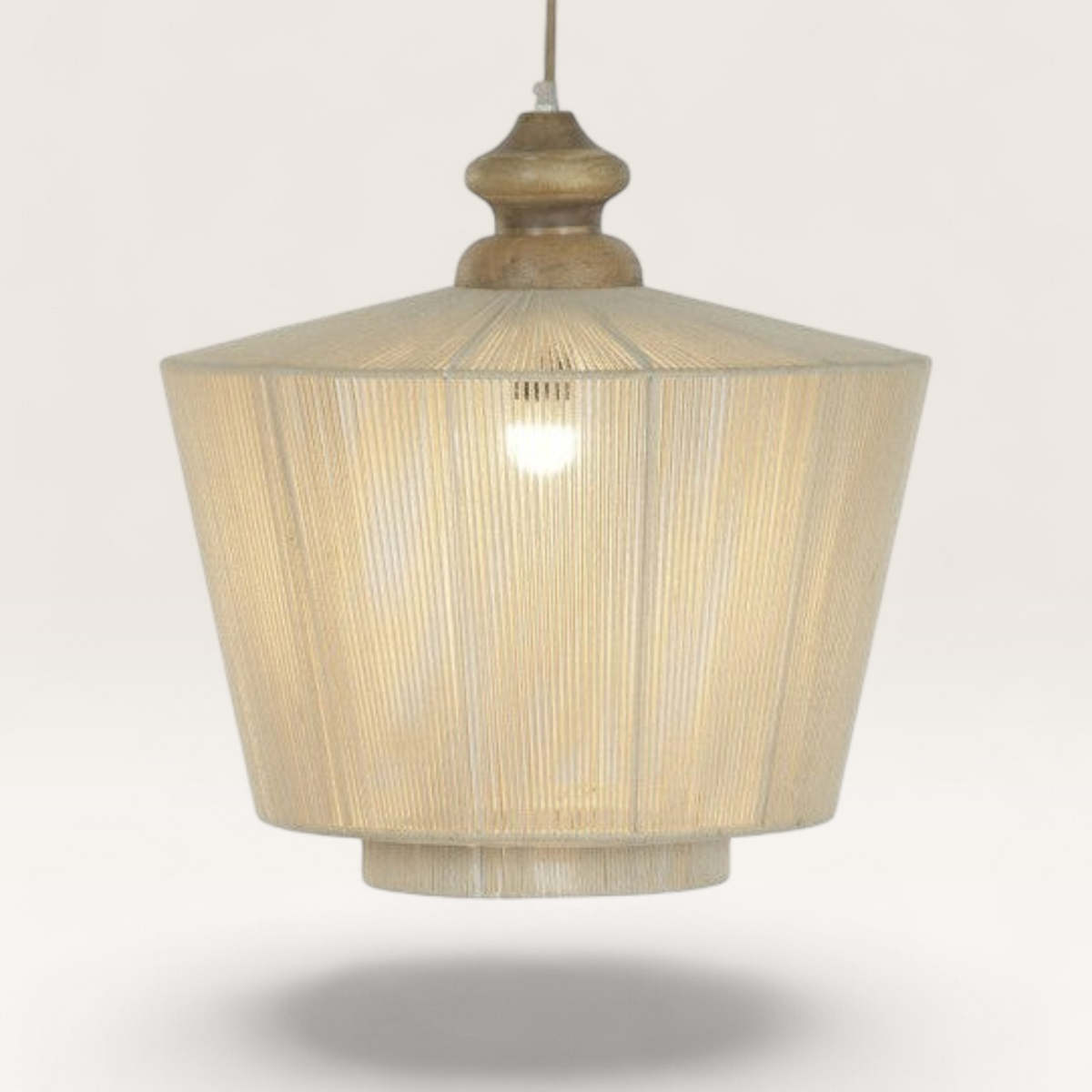 Vintage Industrial Elai ceiling lamp with geometric cotton shade and natural mango wood top in a rustic style.