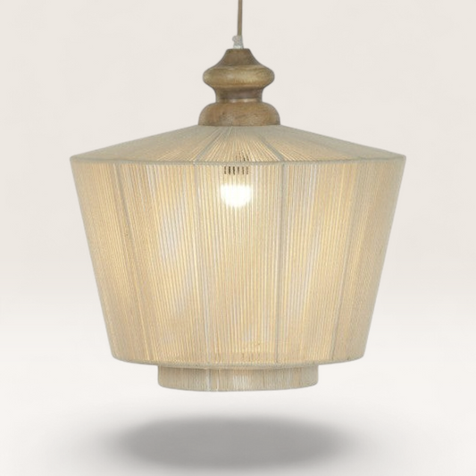 Vintage Industrial Elai ceiling lamp with geometric cotton shade and natural mango wood top in a rustic style.
